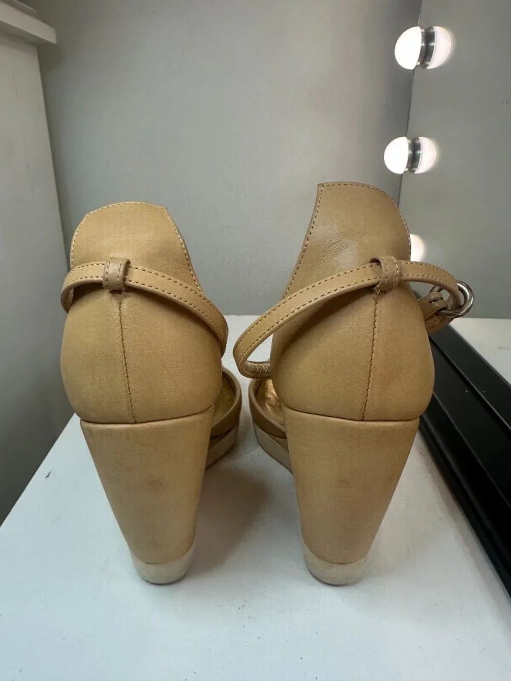 WALTER STEIGER Paris Nude Tan Leather Ankle-Strap Platform Wedge Sandals, EU 36.